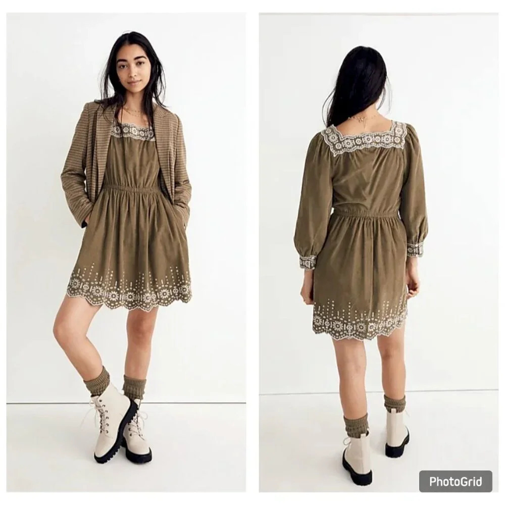Madewell Embroidered‎ Corduroy Square Neck Mini Dress Green Small